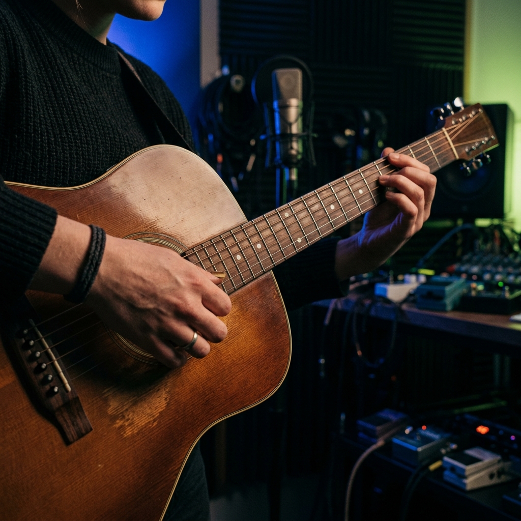 A student playing acoustic guitar in class