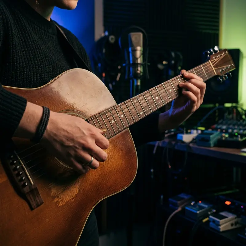 A student playing acoustic guitar in class