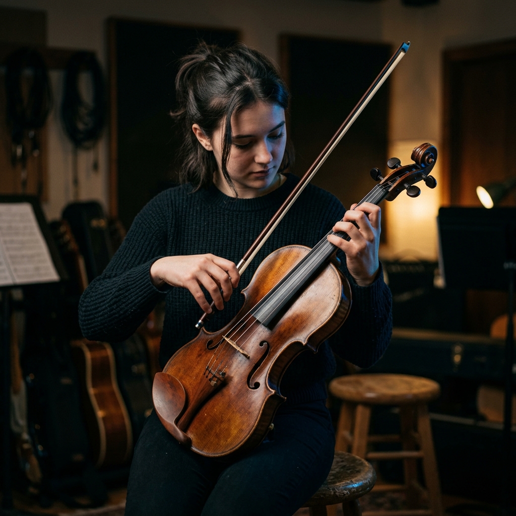 A young student holding a violin